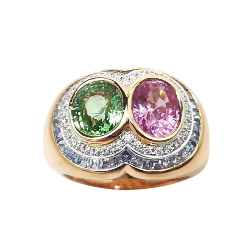 JR0360K - Pink Sapphire and Tsavorite with Pastel Blue Sapphire & Diamond Ring Set in 18K Rose Gold Setting