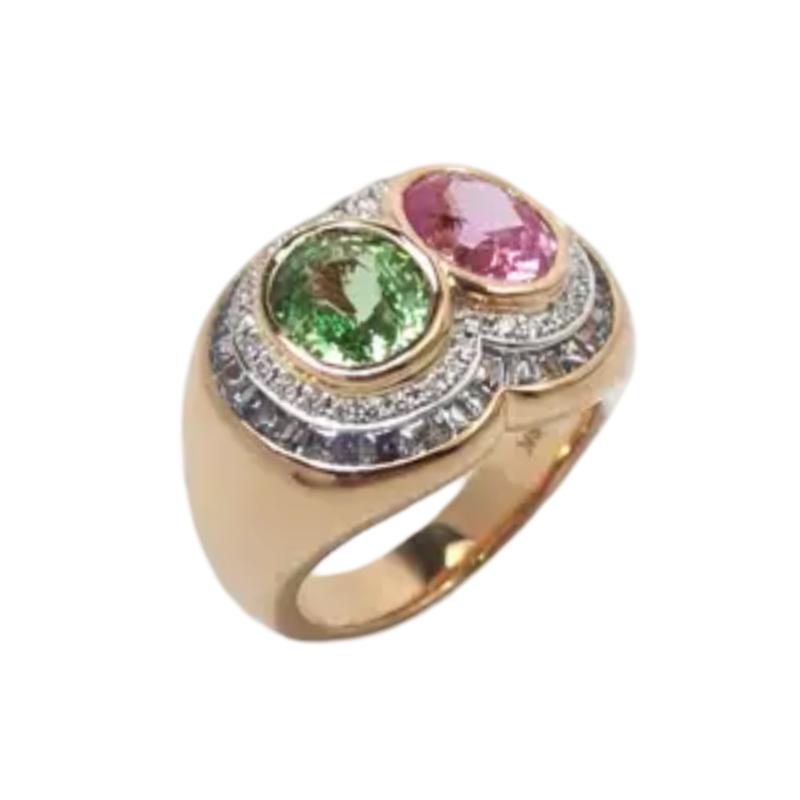 JR0360K - Pink Sapphire and Tsavorite with Pastel Blue Sapphire & Diamond Ring Set in 18K Rose Gold Setting