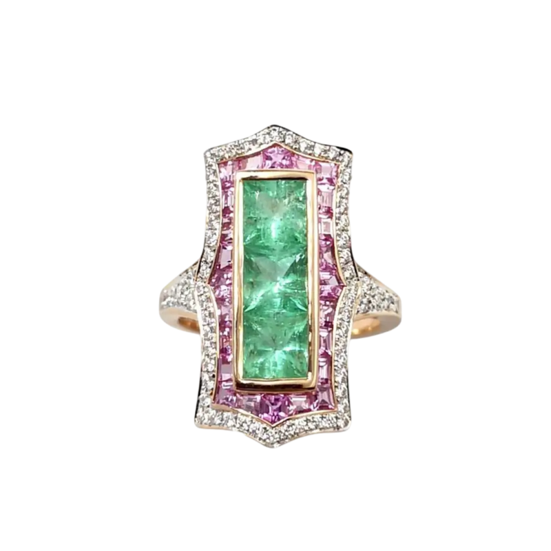 JR0348K - Art Deco Emerald, Pink Sapphire, and Diamond Ring Set in 18K Rose Gold Setting