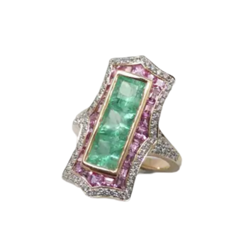 JR0348K - Art Deco Emerald, Pink Sapphire, and Diamond Ring Set in 18K Rose Gold Setting