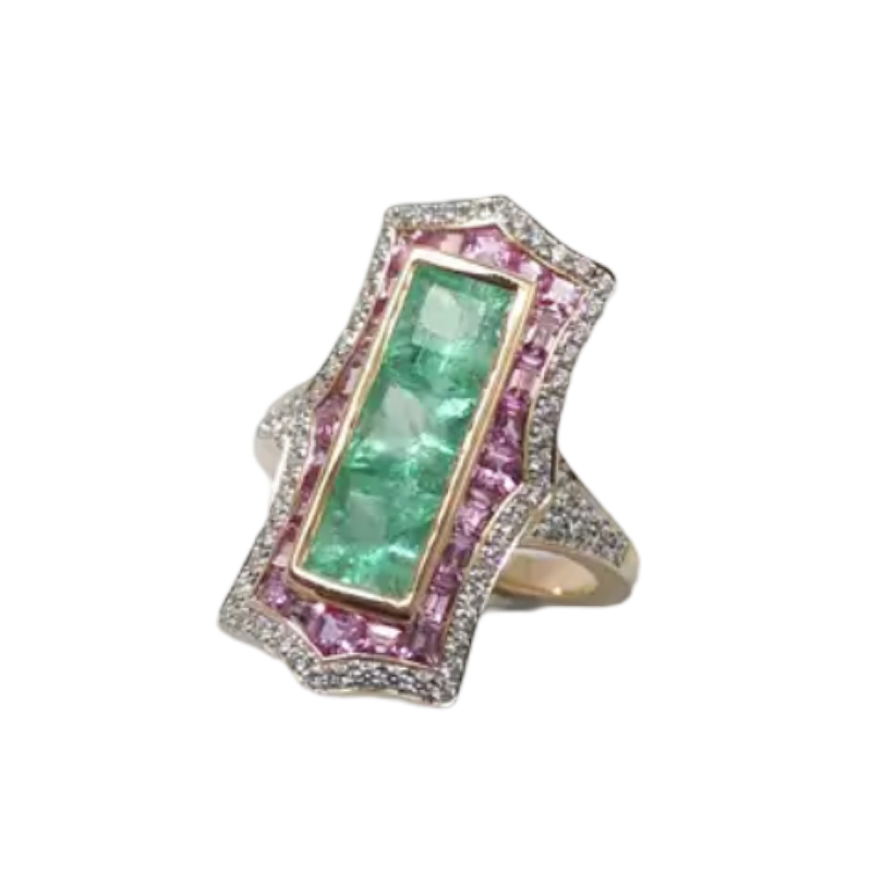 JR0348K - Art Deco Emerald, Pink Sapphire, and Diamond Ring Set in 18K Rose Gold Setting