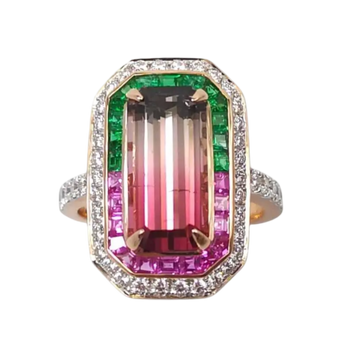 JR0177K - Watermelon Tourmaline with Emerald, Pink Sapphire, and Diamond Ring set in 18K Rose Gold Setting