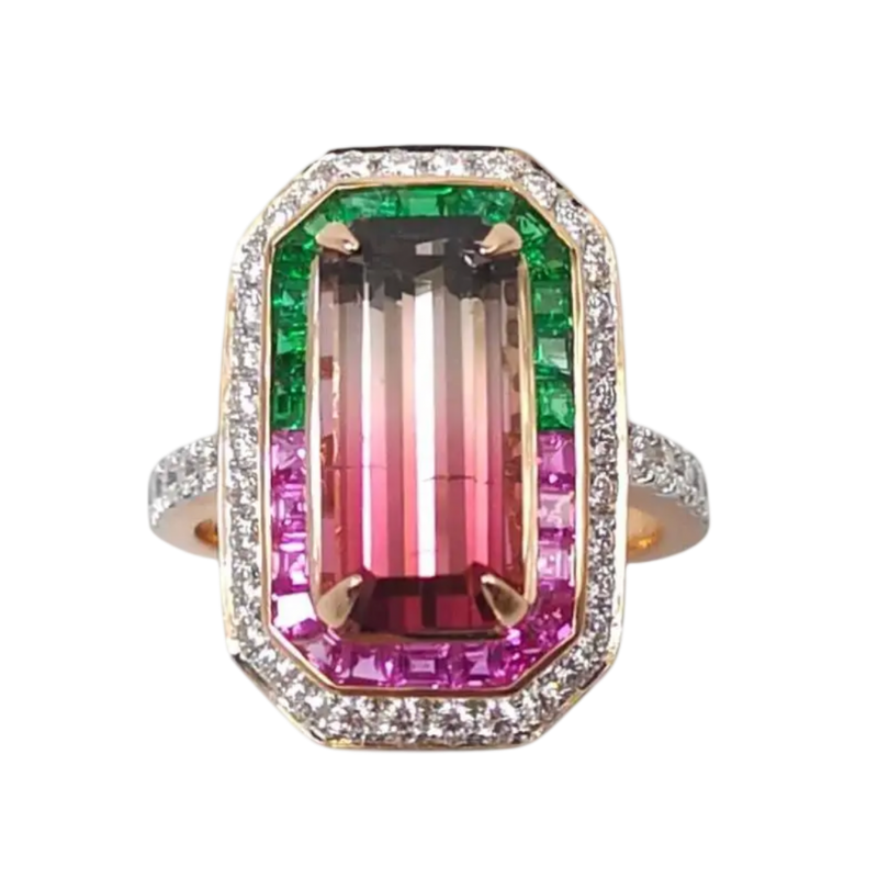 JR0177K - Watermelon Tourmaline with Emerald, Pink Sapphire, and Diamond Ring set in 18K Rose Gold Setting