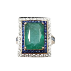 JR0268K - Emerald with Blue Sapphire and Diamond Ring set in 18K Rose Gold Setting