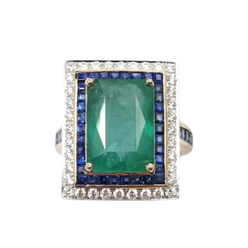 JR0268K - Emerald with Blue Sapphire and Diamond Ring set in 18K Rose Gold Setting
