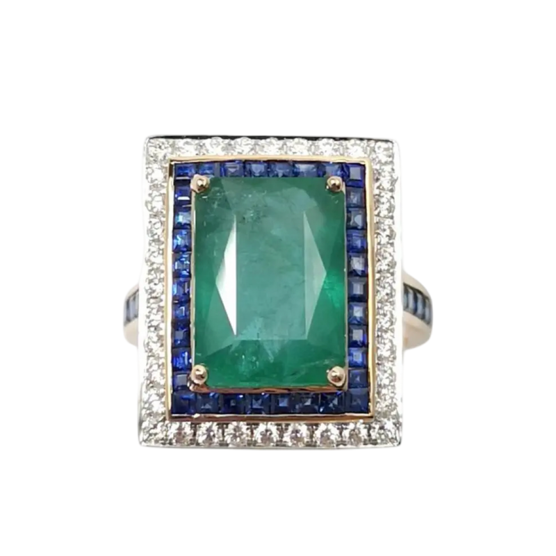 JR0268K - Emerald with Blue Sapphire and Diamond Ring set in 18K Rose Gold Setting
