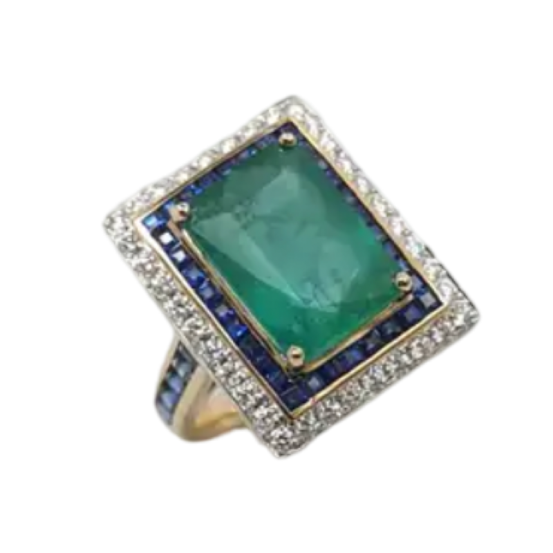 JR0268K - Emerald with Blue Sapphire and Diamond Ring set in 18K Rose Gold Setting