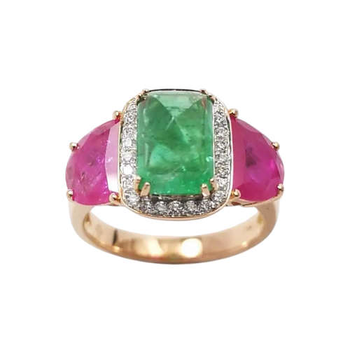 JR0334K - Sugarloaf Emerald, Ruby with Diamond Ring set in 18K Rose Gold Setting