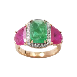 JR0334K - Sugarloaf Emerald, Ruby with Diamond Ring set in 18K Rose Gold Setting