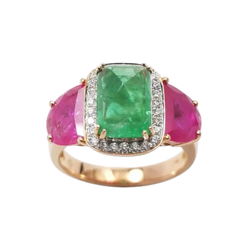 JR0334K - Sugarloaf Emerald, Ruby with Diamond Ring set in 18K Rose Gold Setting