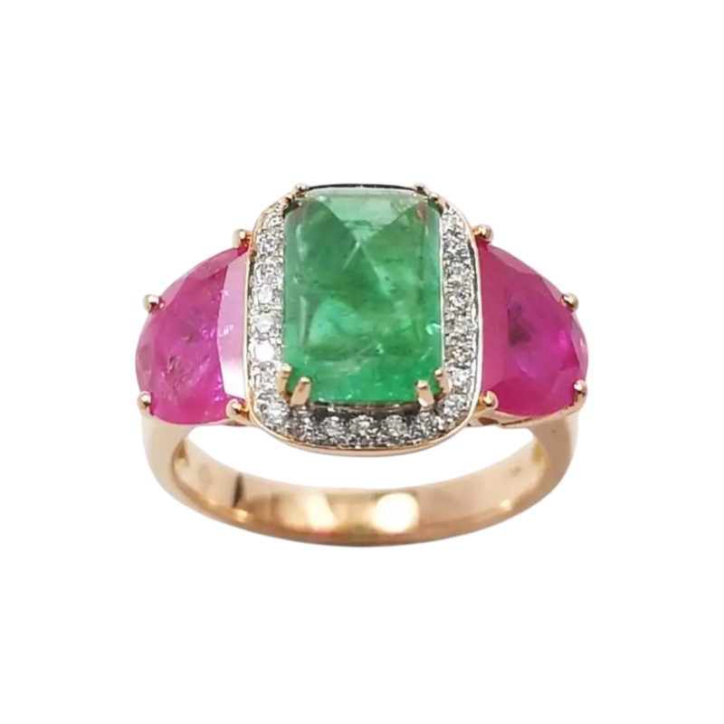 JR0334K - Sugarloaf Emerald, Ruby with Diamond Ring set in 18K Rose Gold Setting