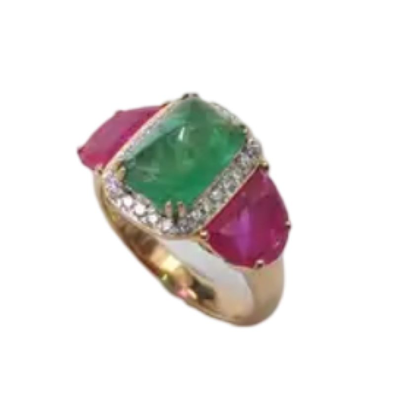 JR0334K - Sugarloaf Emerald, Ruby with Diamond Ring set in 18K Rose Gold Setting