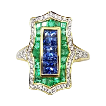 JR0349K - Art Deco Blue Sapphire, Emerald, and Diamond Ring Set in 18K Gold Setting