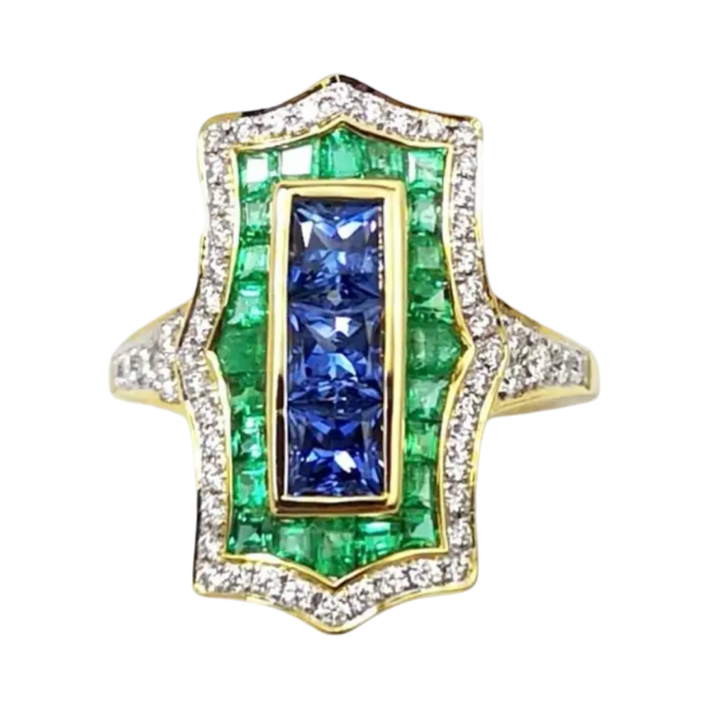 JR0349K - Art Deco Blue Sapphire, Emerald, and Diamond Ring Set in 18K Gold Setting