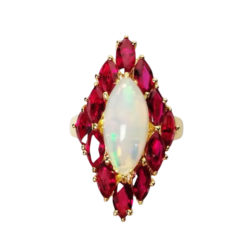 JR0283K - Marquise Opal and Ruby Ring Set in 18K Gold Setting