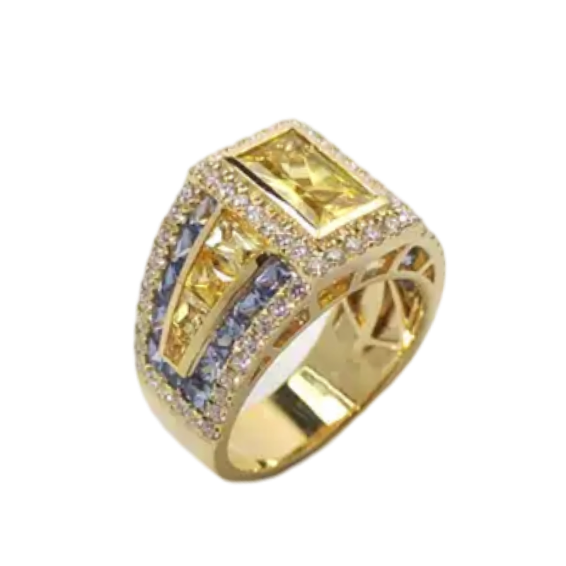 JR0070K - Yellow and Blue Sapphire with Diamond Ring Set in 18K Gold Setting