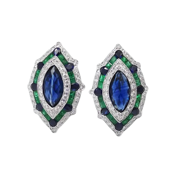 JE0202K - Blue Sapphire, Emerald and Diamond Art Deco Earrings Set in 18K White Gold Setting