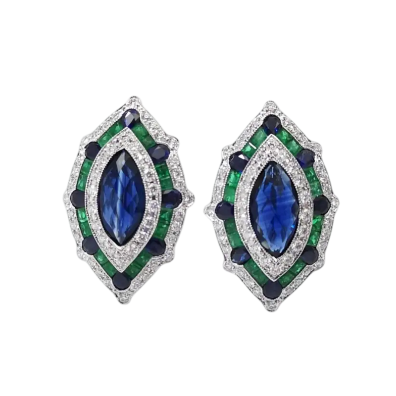 JE0202K - Blue Sapphire, Emerald and Diamond Art Deco Earrings Set in 18K White Gold Setting