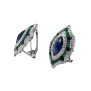 JE0202K - Blue Sapphire, Emerald and Diamond Art Deco Earrings Set in 18K White Gold Setting