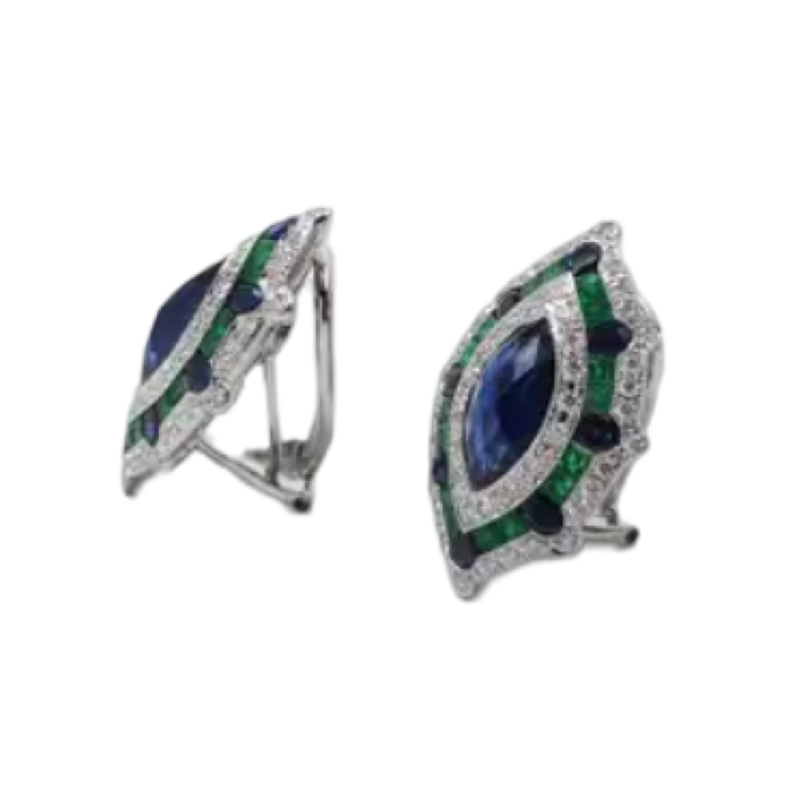 JE0202K - Blue Sapphire, Emerald and Diamond Art Deco Earrings Set in 18K White Gold Setting
