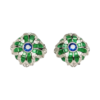 JE0194K - Blue Sapphire, Emerald, and Diamond Earrings Set in 18K Gold Setting
