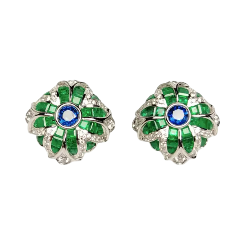 JE0194K - Blue Sapphire, Emerald, and Diamond Earrings Set in 18K Gold Setting