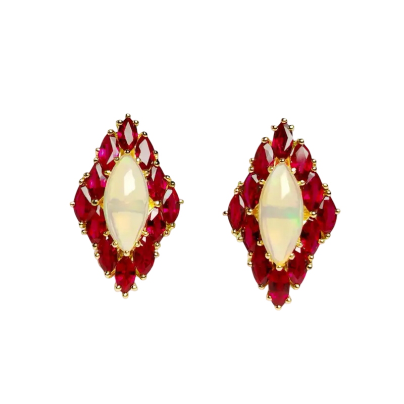 JE0192K - Marquise Opal and Ruby Earrings Set in 18K Gold Setting