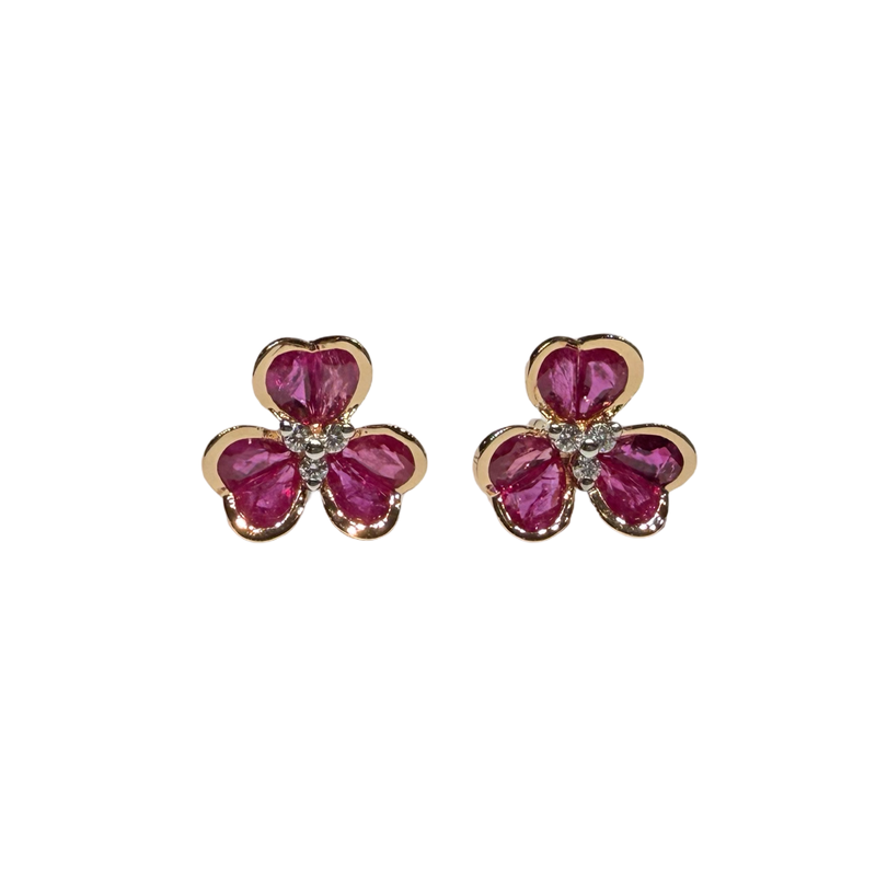 JE0354K -  Ruby with Diamond Clover Earrings Set in 18K Rose Gold Setting