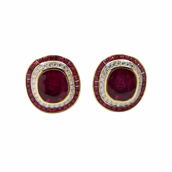 JE0236K - Cushion Cut Ruby with Diamond Earrings Set in 18K Gold Setting