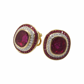 JE0236K - Cushion Cut Ruby with Diamond Earrings Set in 18K Gold Setting