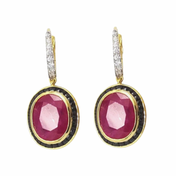JE0024K - Ruby, Black Sapphire and Diamond Dangling Earrings set in 18K Gold Setting