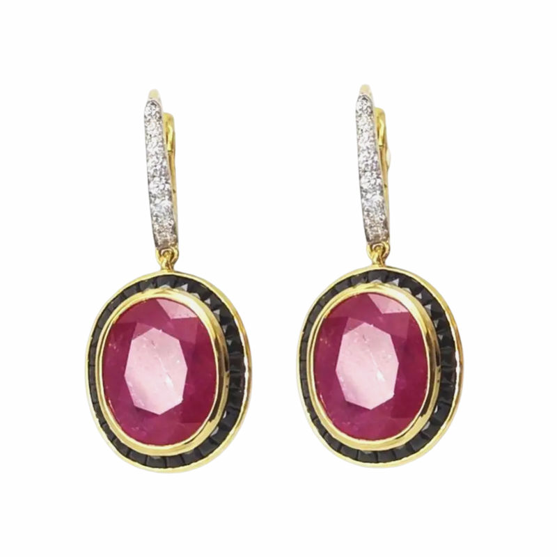JE0024K - Ruby, Black Sapphire and Diamond Dangling Earrings set in 18K Gold Setting
