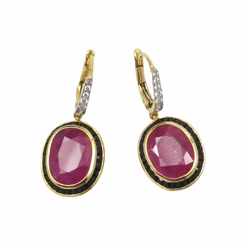 JE0024K - Ruby, Black Sapphire and Diamond Dangling Earrings set in 18K Gold Setting