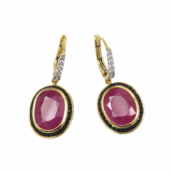 JE0024K - Ruby, Black Sapphire and Diamond Dangling Earrings set in 18K Gold Setting