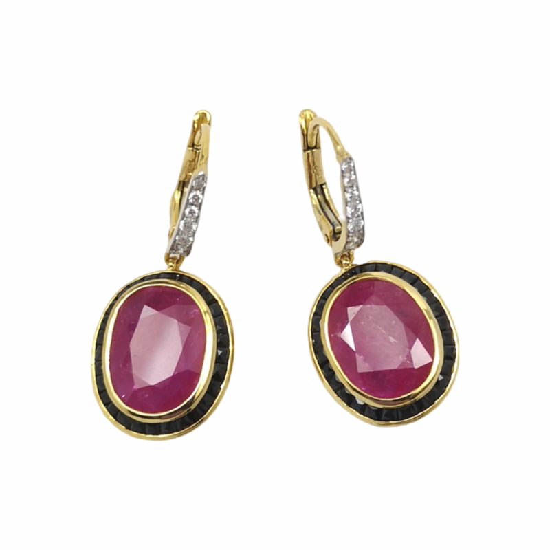 JE0024K - Ruby, Black Sapphire and Diamond Dangling Earrings set in 18K Gold Setting
