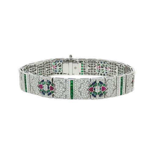 JB0122K - Emerald, Ruby, Blue Sapphire, and Diamond Art Deco Style Bracelet Set in 18K White Gold Setting