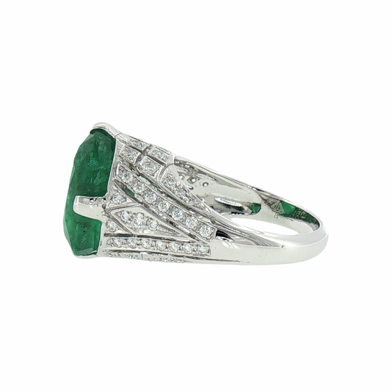 JR0436K - Emerald with Diamond Art Deco Style Ring Set in Platinum 950 Setting