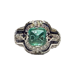 JR0449K - Sugarloaf Emerald with Blue Sapphire and Diamond Ring Set in 18K White Gold Setting