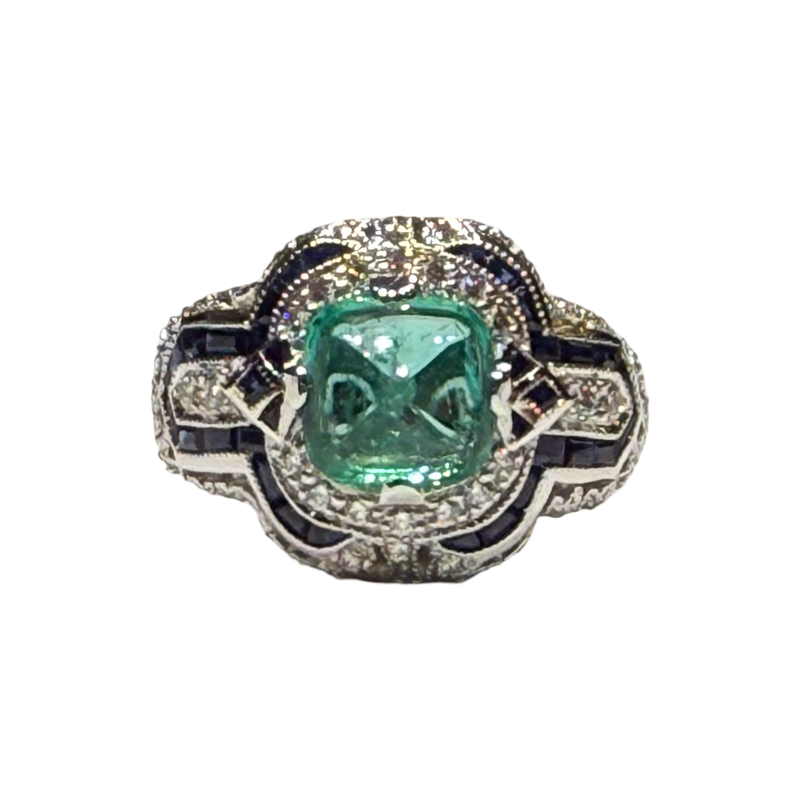 JR0449K - Sugarloaf Emerald with Blue Sapphire and Diamond Ring Set in 18K White Gold Setting