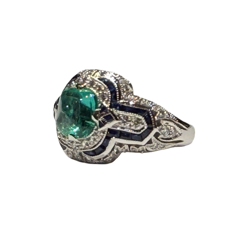 JR0449K - Sugarloaf Emerald with Blue Sapphire and Diamond Ring Set in 18K White Gold Setting