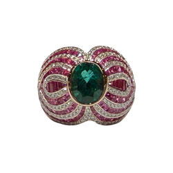 JR0448K - Emerald with Pink Sapphire and Diamond Ring Set in 18K Rose Gold Setting
