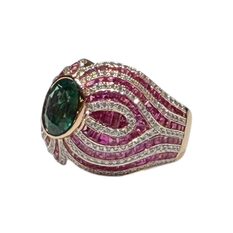 JR0448K - Emerald with Pink Sapphire and Diamond Ring Set in 18K Rose Gold Setting