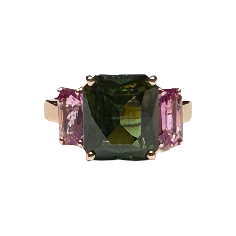JR0445K - Green Zircon and Pink Sapphire Ring Set in 14K Rose Gold Setting