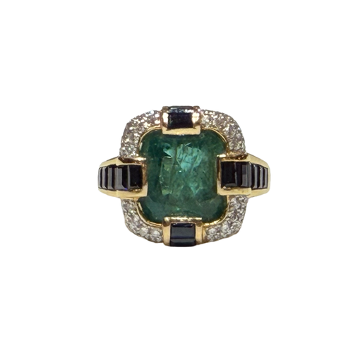 JR0443K - Emerald with Blue Sapphire & Diamond Ring Set in 18K Gold Setting