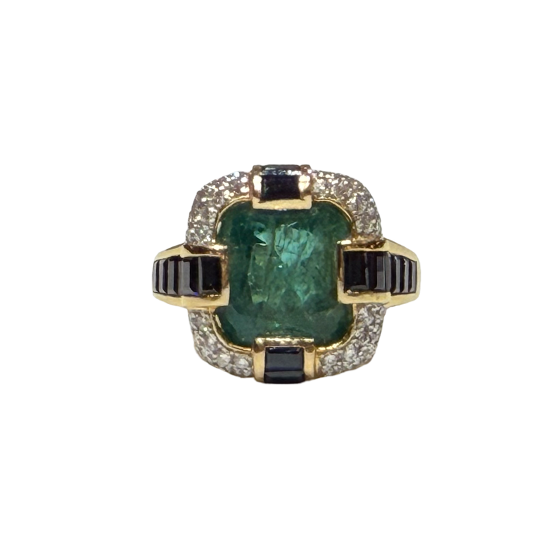 JR0443K - Emerald with Blue Sapphire & Diamond Ring Set in 18K Gold Setting