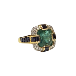 JR0443K - Emerald with Blue Sapphire & Diamond Ring Set in 18K Gold Setting