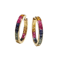 JE0407K - Multi-Color Sapphire Hoop Earrings Set in 18K Gold Setting