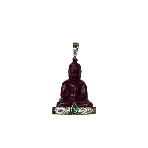 JP0124K - Carved Ruby Buddha with Cabuchon Emerald Pendant Set in 18K White Gold Setting
