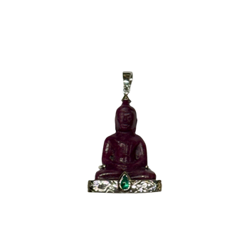 JP0124K - Carved Ruby Buddha with Cabuchon Emerald Pendant Set in 18K White Gold Setting