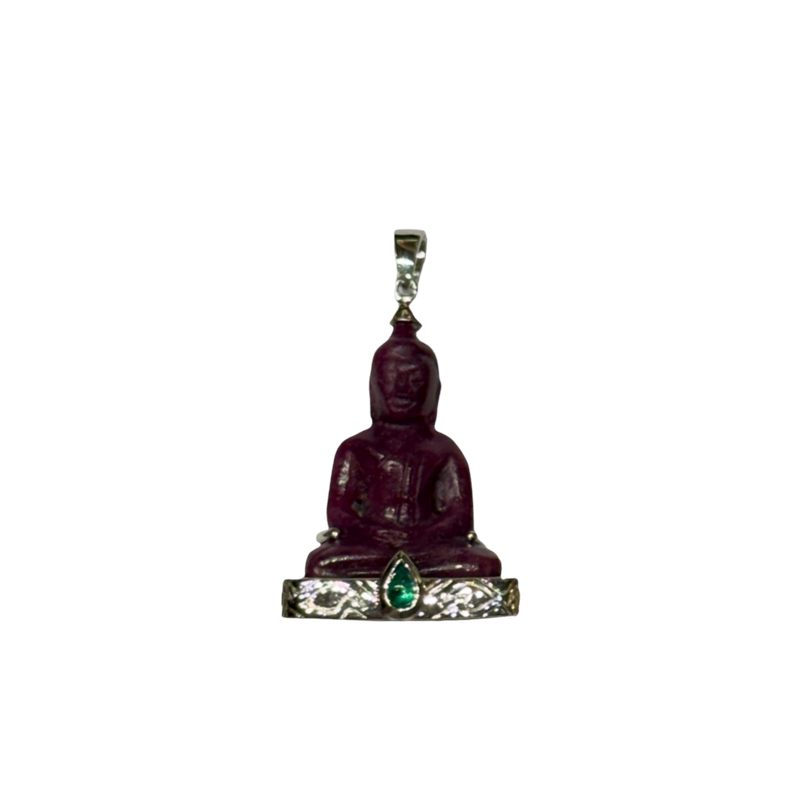 JP0124K - Carved Ruby Buddha with Cabuchon Emerald Pendant Set in 18K White Gold Setting